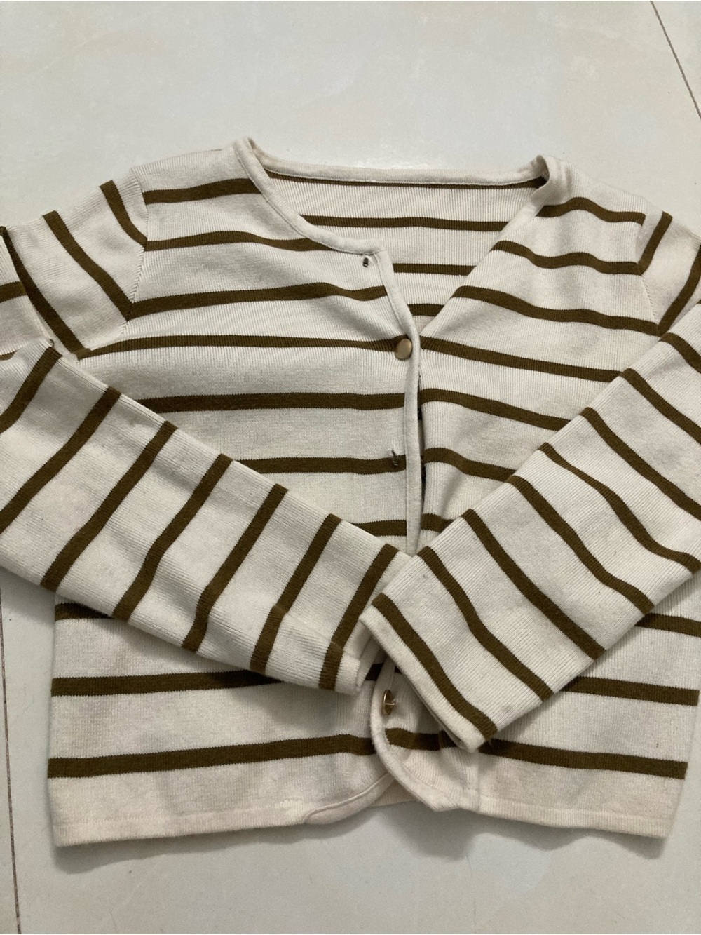 Striped Ivory and Olive Button-Front Women's Sweater